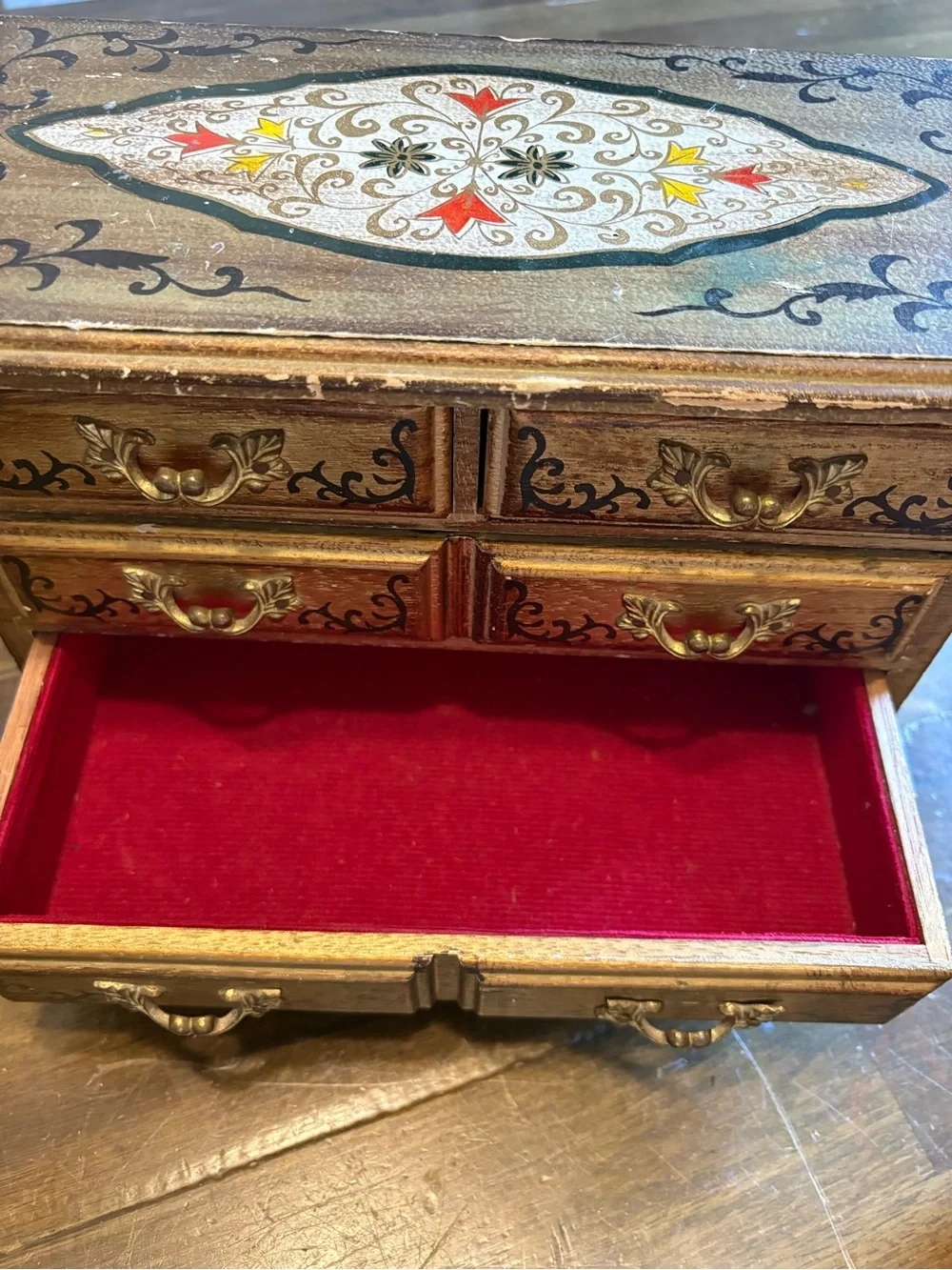 vintage Italian Florentine jewelry box hand-painted gold and black ornate Japan